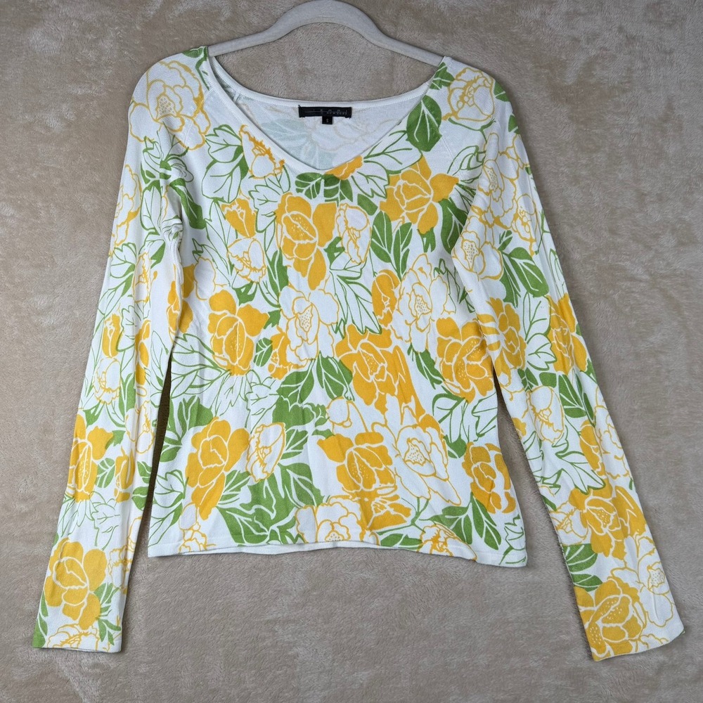 Pierri New York Womens Size S Yellow Green Floral V-Neck Long Sleeve Sweater Top